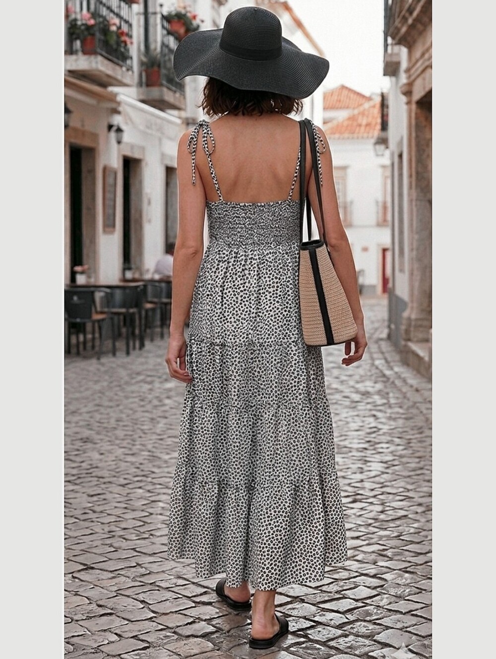 Abercrombie & Fitch Black/White Spotted Chiffon Pleated Maxi Dress